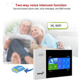Wireless_4G_Tuya_Alarm. A digital video intercom receiver with a touch screen display and SIM card slot, shown alongside a lifestyle background of an elderly couple on a couch and text highlighting its two-way voice intercom and SIM support features.