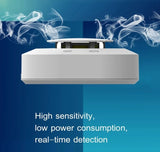 Side view of a wireless smoke detector with smoke drifting over it.
