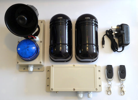 Perimeter alarm or driveway alarm kit with infrared beams and siren /strobe