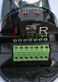 A close up view of the terminal block on a dual beam infrared detector.
