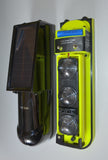 A pair of solar powered infrared beams with one cover removed.